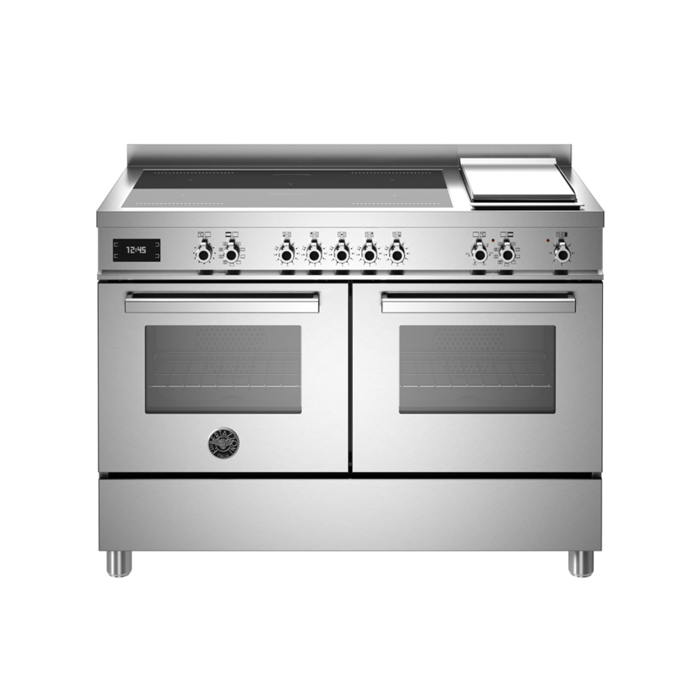 aragaz cu plita pe inductie si cuptor electric bertazzoni, latime 120 cm, colectie professional, 5 zone de gatit, 2 flex-zone+booster, plita teppanyaki, cuptor 2x69 litri, 11 moduri gatire, indicator caldura reziduala, panou de control tactil si mecanic, inox
