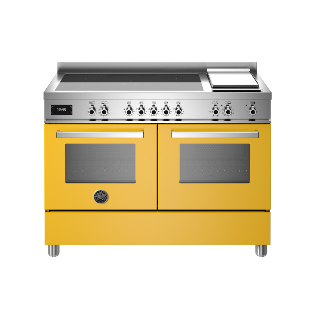 aragaz cu plita pe inductie si cuptor electric bertazzoni, latime 120 cm, colectie professional, 5 zone de gatit, 2 flex-zone+booster, plita teppanyaki, cuptor 2x69 litri, 11 moduri gatire, indicator caldura reziduala, panou de control tactil si mecanic, galben