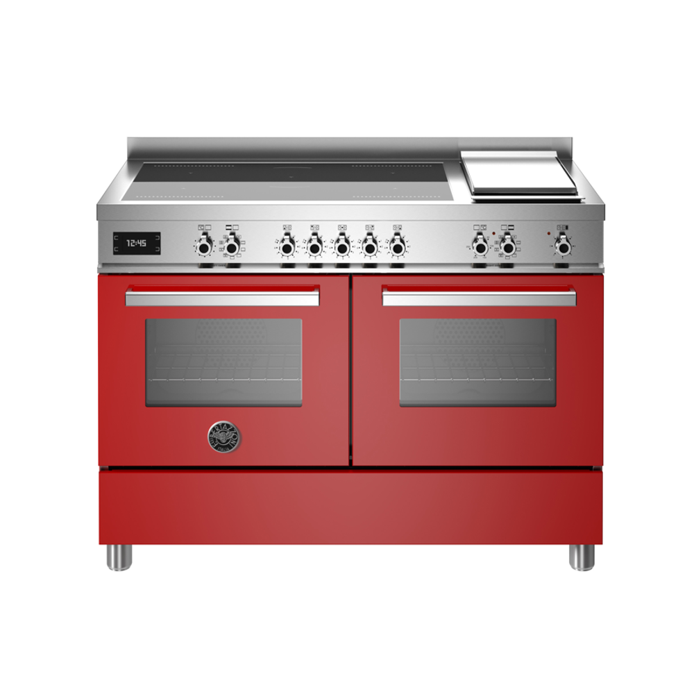 aragaz cu plita pe inductie si cuptor electric bertazzoni, latime 120 cm, colectie professional, 5 zone de gatit, 2 flex-zone+booster, plita teppanyaki, cuptor 2x69 litri, 11 moduri gatire, indicator caldura reziduala, panou de control tactil si mecanic, rosu