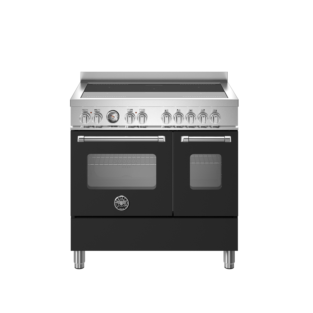 Aragaz cu plita pe inductie Bertazzoni, colectie Master, latime 90 cm, 5 zone, 2 cuptoare electrice 107 l, temperatura reglabila max. 250°C, 11 functii de gatit, convectie, iluminare interioara, termometru integrat, sticla triplustratificata, negru mat