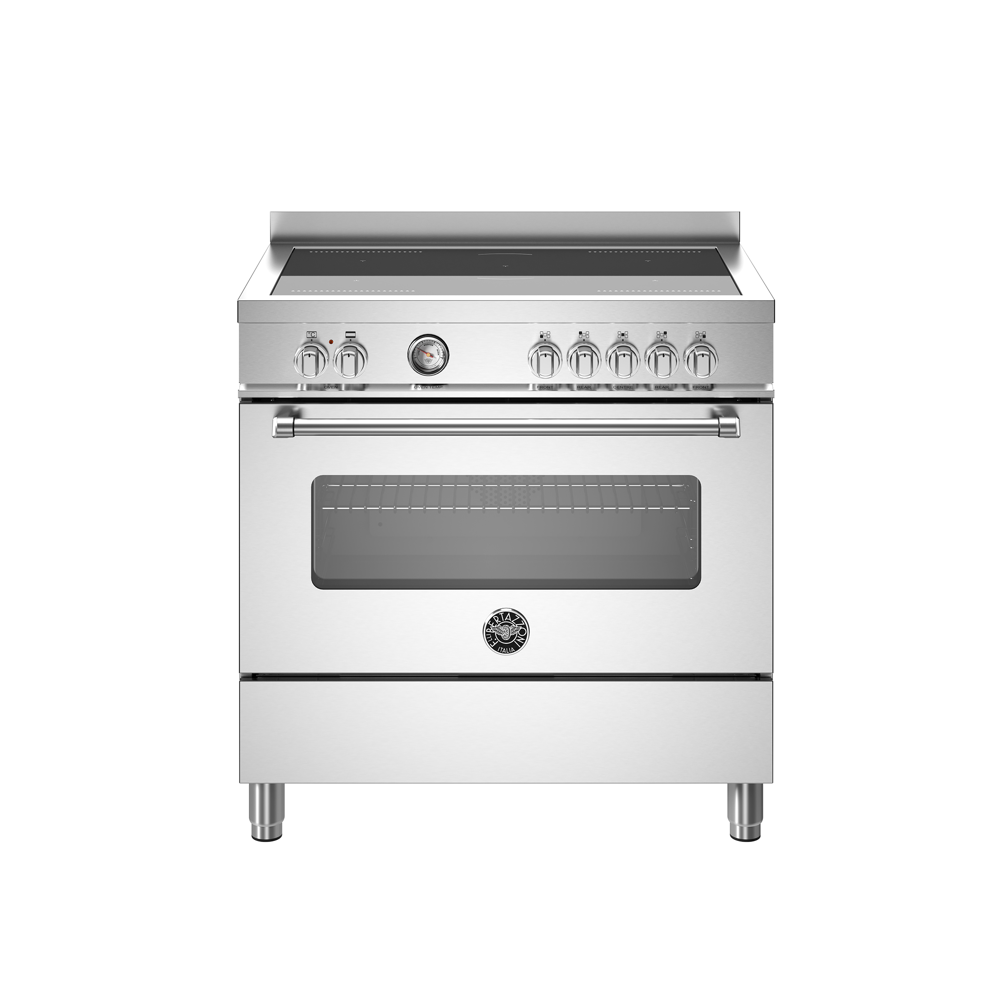 Aragaz cu plita pe inductie Bertazzoni, colectie Master, latime 90 cm, 5 zone, cuptor electric 103 l, temperatura reglabila max. 250°C, 11 functii de gatit, convectie, iluminare interioara, termometru integrat, sticla triplustratificata, inox
