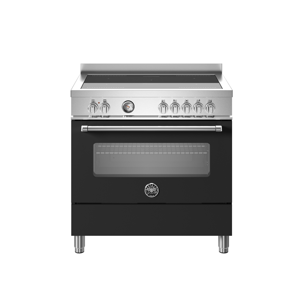 Aragaz cu plita pe inductie Bertazzoni, colectie Master, latime 90 cm, 5 zone, cuptor electric 103 l, temperatura reglabila max. 250°C, 11 functii de gatit, convectie, iluminare interioara, termometru integrat, sticla triplustratificata, negru mat