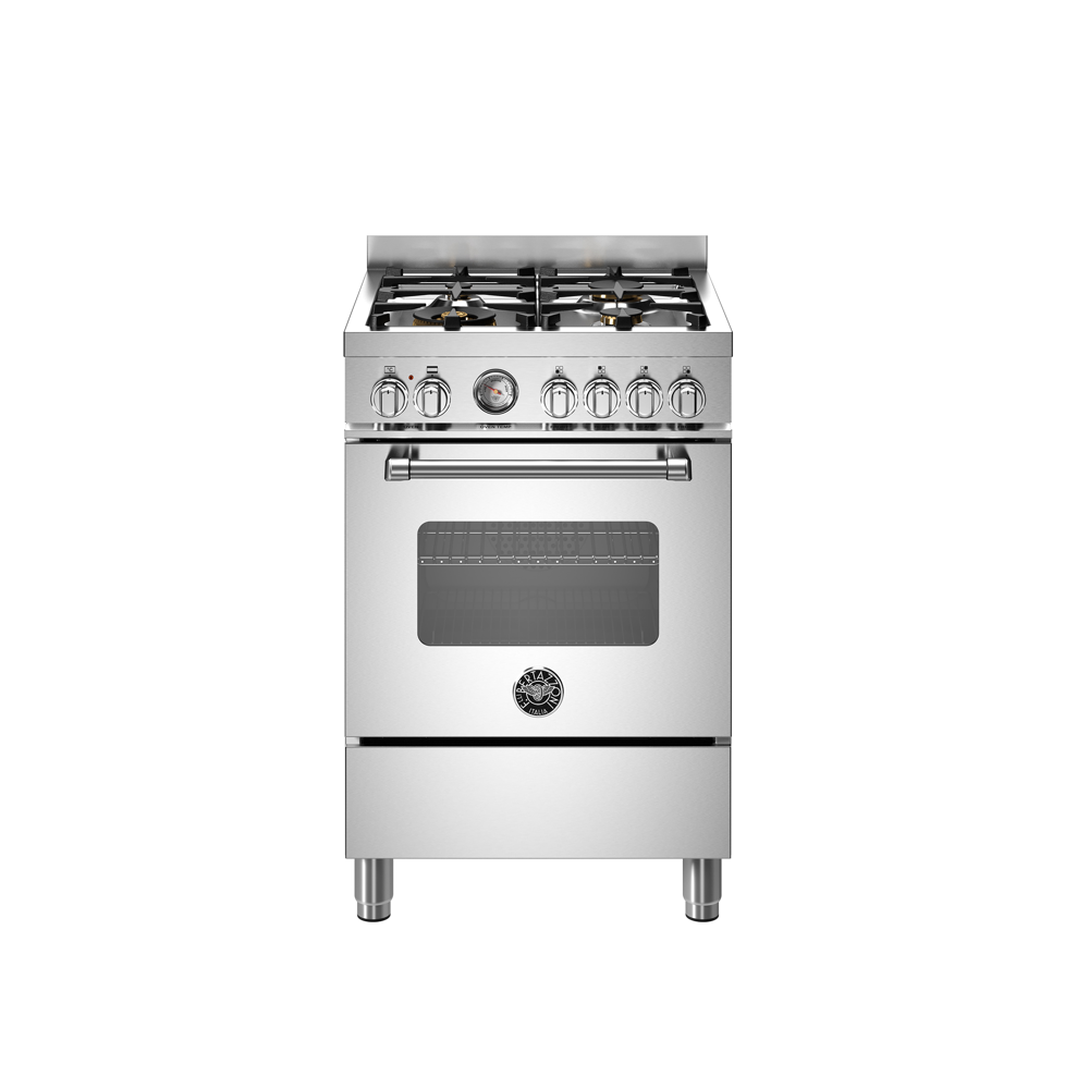 Aragaz premium cu plita pe gaz si cuptor electric Bertazzoni, colectie Master, 60 cm, 4 arzatoare, capacitate 69 litri, 11 moduri de gatire, temperatura reglabila, termometru cu sonda integrat, usa cu inchidere soft-close, inox