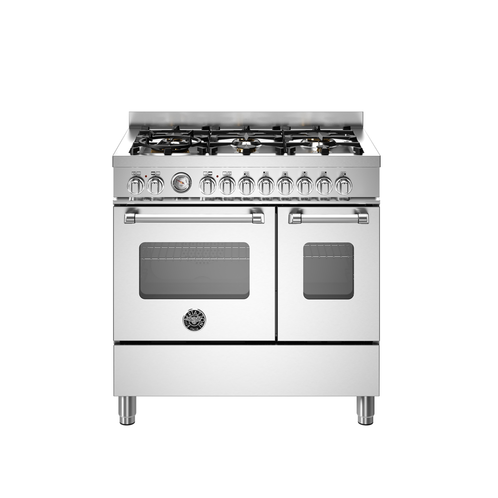 Aragaz cu plita pe gaz Bertazzoni, colectie Master, 90 cm, 6 arzatoare, 2 cuptoare electrice, capacitate 107 litri, 11 moduri de gatire, temperatura reglabila, termometru cu sonda integrat, panou de control tactil, usa cu inchidere soft-close, clasa energetica A, inox