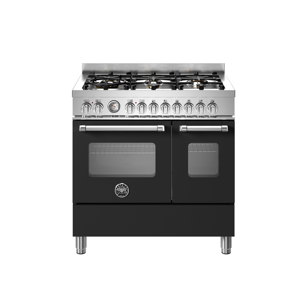 Aragaz cu plita pe gaz Bertazzoni, colectie Master, 90 cm, 6 arzatoare, 2 cuptoare electrice, capacitate 107 litri, 11 moduri de gatire, temperatura reglabila, termometru cu sonda integrat, panou de control tactil, usa cu inchidere soft-close, clasa energetica A, negru mat