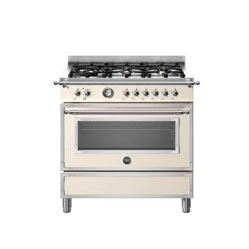Aragaz cu plita pe gaz Bertazzoni, colectie Heritage, 90 cm, 6 arzatoare, cuptor electric, capacitate 103 litri, 11 moduri de gatire, temperatura reglabila, termometru cu sonda integrat, panou de control tactil, usa cu inchidere soft-close, clasa energetica A, crem