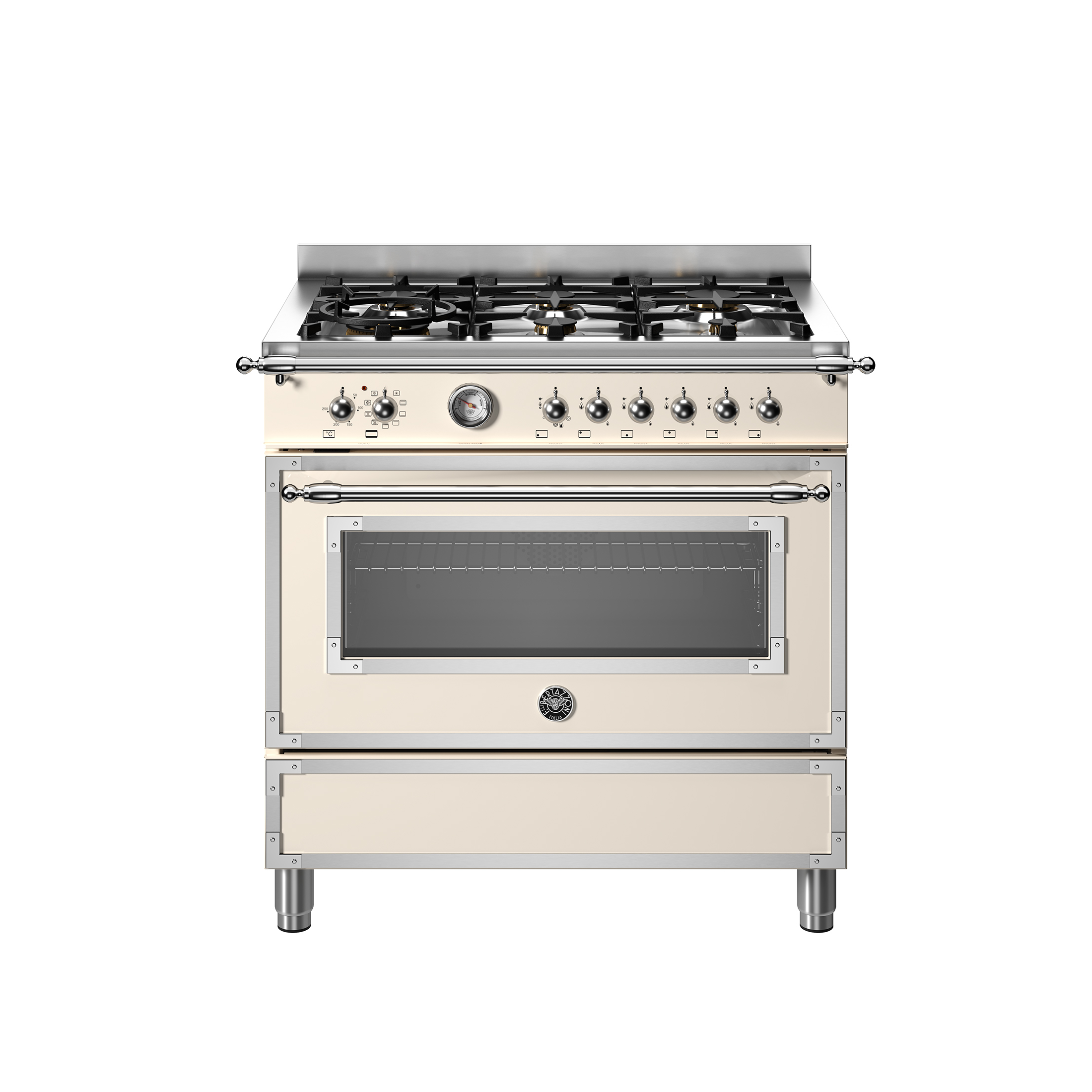 Aragaz cu plita pe gaz Bertazzoni, colectie Heritage, 90 cm, 6 arzatoare, cuptor electric, capacitate 103 litri, 11 moduri de gatire, temperatura reglabila, termometru cu sonda integrat, panou de control tactil, usa cu inchidere soft-close, clasa energetica A, crem