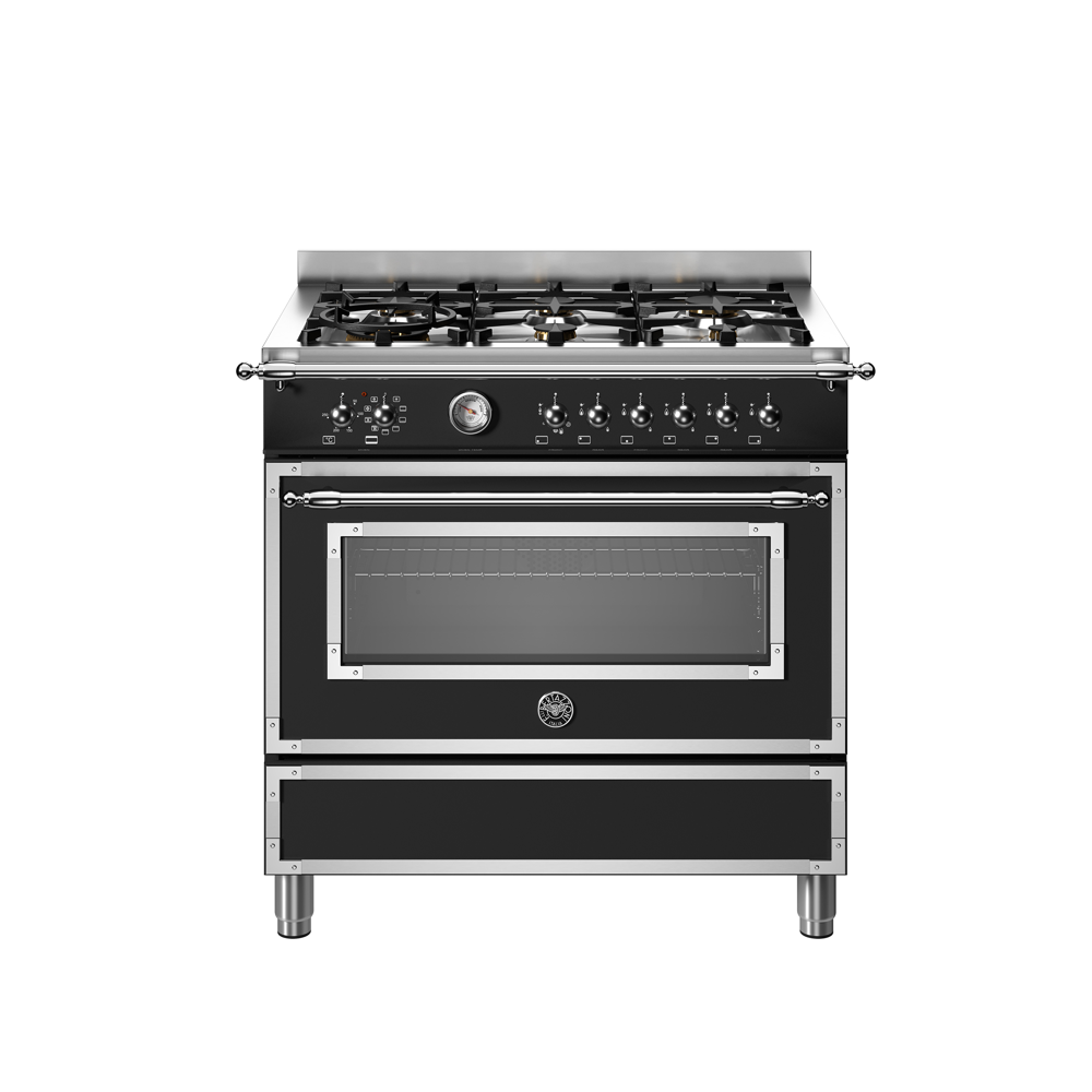 Aragaz cu plita pe gaz Bertazzoni, colectie Heritage, 90 cm, 6 arzatoare, cuptor electric, capacitate 103 litri, 11 moduri de gatire, temperatura reglabila, termometru cu sonda integrat, panou de control tactil, usa cu inchidere soft-close, clasa energetica A, negru mat
