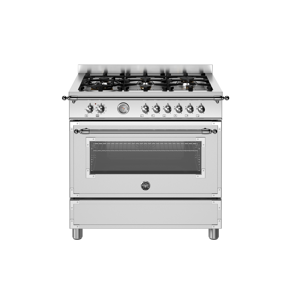 Aragaz cu plita pe gaz Bertazzoni, colectie Heritag, 90 cm, 6 arzatoare, cuptor electric, capacitate 103 litri, 11 moduri de gatire, temperatura reglabila, termometru cu sonda integrat, panou de control tactil, usa cu inchidere soft-close, clasa energetica A, inox