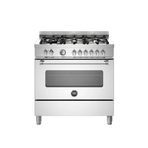 Aragaz cu plita pe gaz Bertazzoni, colectie Master, 90 cm, 6 arzatoare, cuptor electric, capacitate 103 litri, 11 moduri de gatire, temperatura reglabila, termometru cu sonda integrat, panou de control tactil, usa cu inchidere soft-close, inox