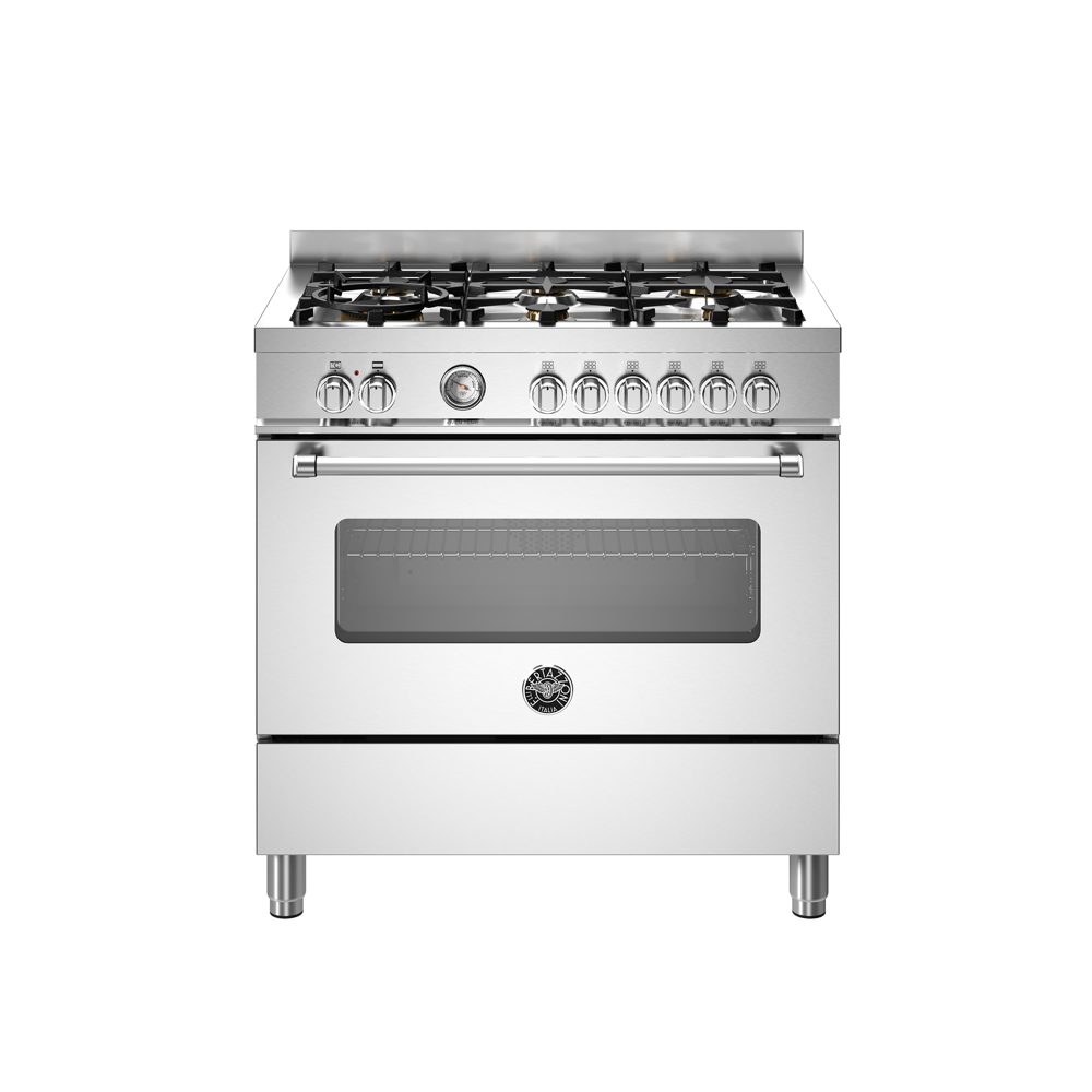 Aragaz cu plita pe gaz Bertazzoni, colectie Master, 90 cm, 6 arzatoare, cuptor electric, capacitate 103 litri, 11 moduri de gatire, temperatura reglabila, termometru cu sonda integrat, panou de control tactil, usa cu inchidere soft-close, inox