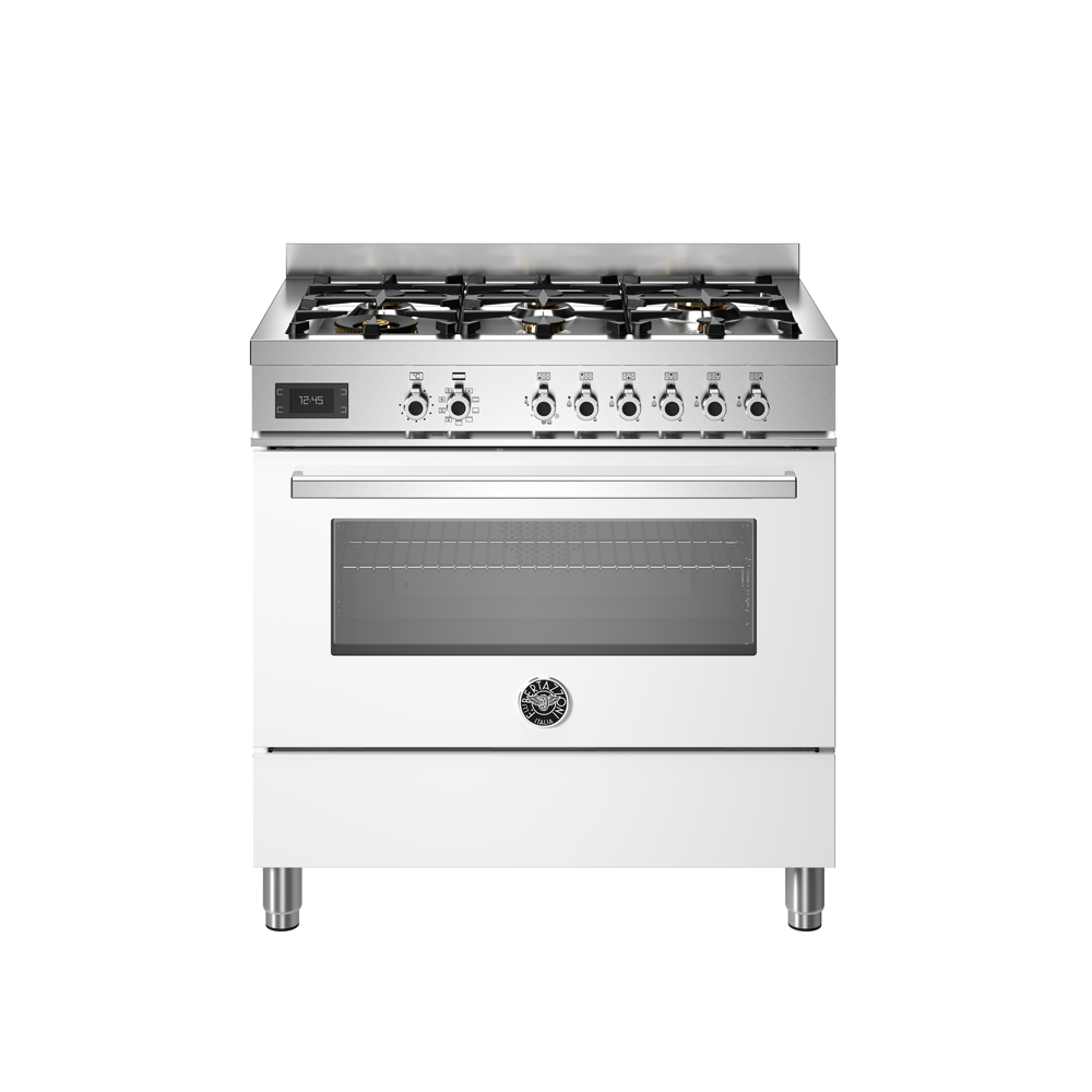 Aragaz cu plita pe gaz Bertazzoni, colectie Professional, 90 cm, 6 arzatoare, cuptor electric, capacitate 103 litri, 11 moduri de gatire, temperatura reglabila, termometru cu sonda integrat, panou de control tactil, usa cu inchidere soft-close, alb