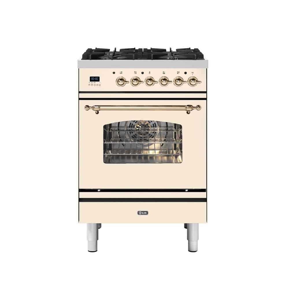 Aragaz pe gaz premium ILVE, Nostalgie, 60 cm, 4 arzatoare, cuptor electric 65 litri, design vintage, timer 60 min, usa cuptor cu 3 straturi de sticla, gatire ECO, dezghetare, 15 functii de gatire multiple, iluminare interioara automata, crem/ auriu