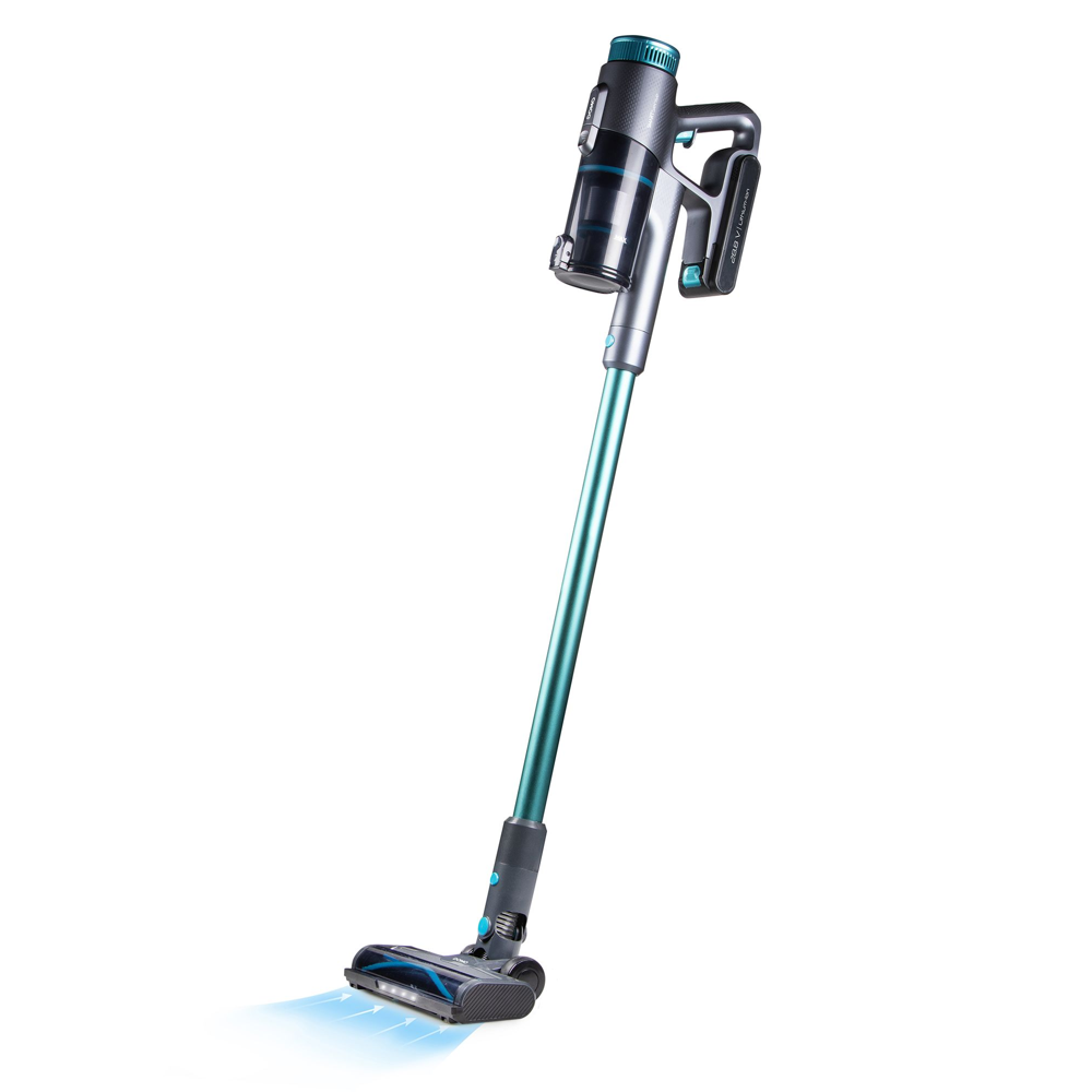 aspirator multifunctional 2in1, domo, fara sac si fara fir, functie de aspirator de mana, cu perie cu iluminare led si tehnologie cyclon, turcoaz