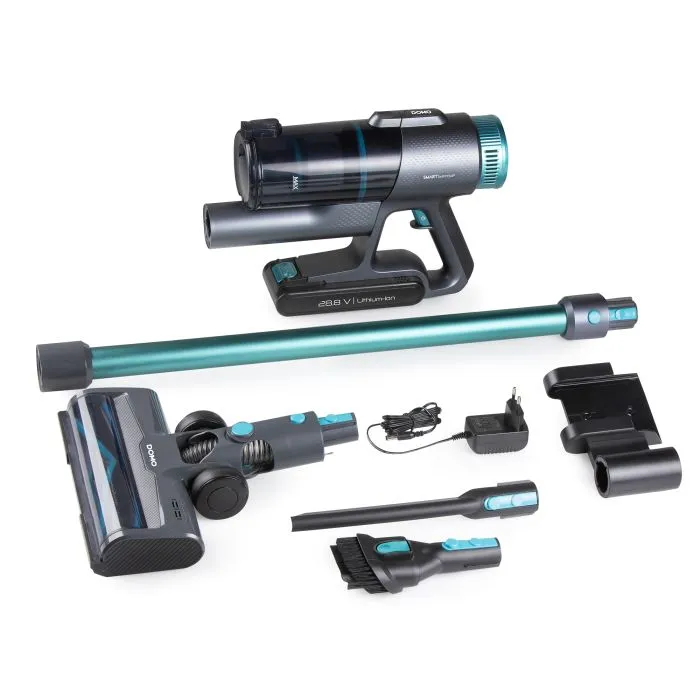 accesorii aspirator multifunctional 2in1, domo, fara sac si fara fir, functie de aspirator de mana, cu perie cu iluminare led si tehnologie cyclon, turcoaz