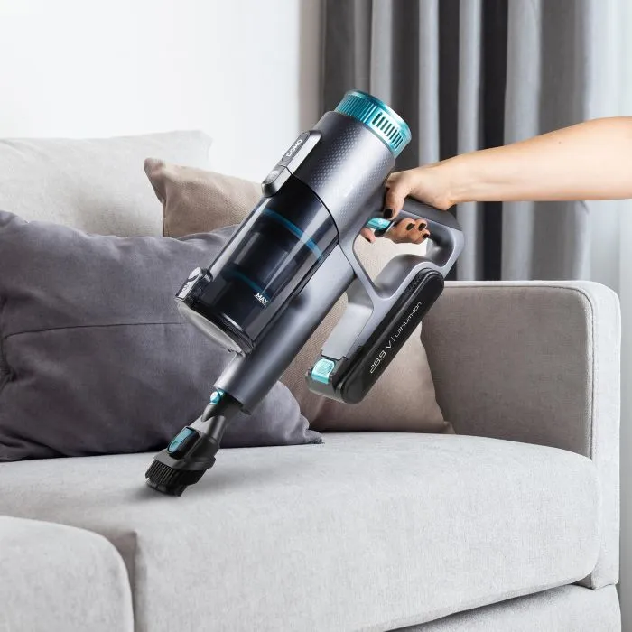 aspirator multifunctional 2in1, domo, fara sac si fara fir, functie de aspirator de mana, cu perie cu iluminare led si tehnologie cyclon, aspiratorul de mana folosit cu peria pentru tapiterii, turcoaz
