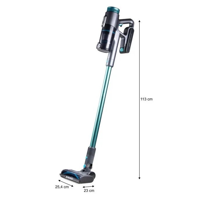 dimensiuni aspirator multifunctional 2in1, domo, fara sac si fara fir, functie de aspirator de mana, cu perie cu iluminare led si tehnologie cyclon, turcoaz