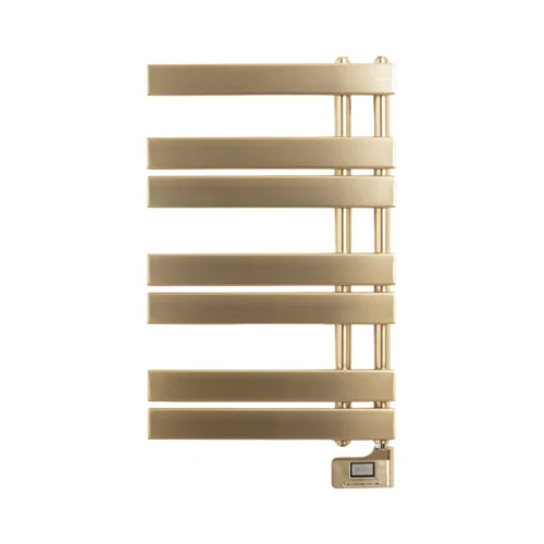 calorifer/radiator electric pentru baie create, warm towel modern, port-prosop, temperatura 40°C, panou de control digital, poate fi montat pe perete, timer 24h, consum redus, picioare si raft incluse, auriu