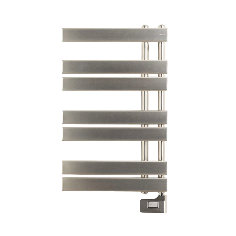 calorifer/radiator electric pentru baie create, warm towel modern, port-prosop, temperatura 40°C, panou de control digital, poate fi montat pe perete, timer 24h, consum redus, picioare si raft incluse, inox