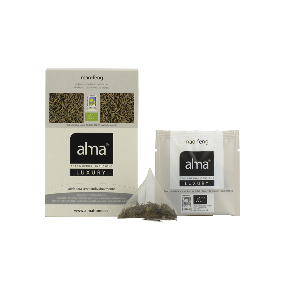 Ceai bio alb 20 plicuri Alma Teas, Luxury, Mao Feng, provenit din culturi 100% organice, surse sustenabile, proprietati antioxidante, sustine sistemul imunitar, accelereaza metabolismul, gust delicat, note florale, 40 g