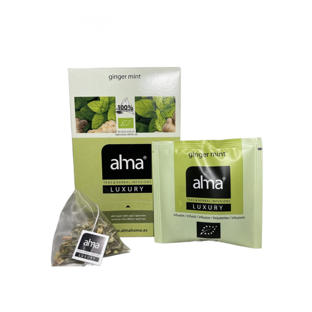 Ceai bio 20 plicuri Alma Teas, Luxury, ghimbir si menta, provenit din culturi 100% organice, surse sustenabile, efect revigorant, intareste sistemul imunitar, adjuvant digestiv, reduce balonarea, gust intens, 40 g