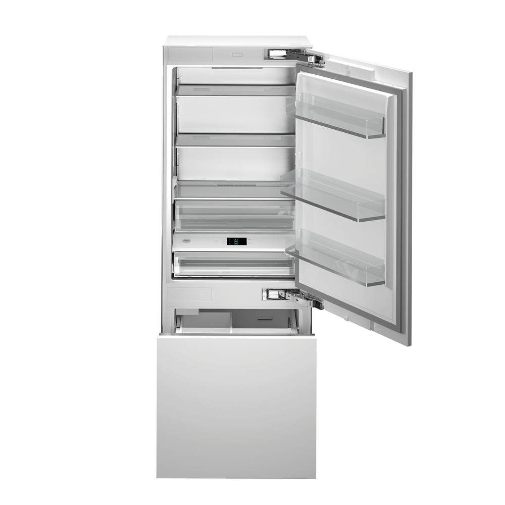 Combina frigorifica premium incorporabila Total No Frost Bertazzoni, 449 litri, colectie Master, congelator 126 litri, dispenser apa/gheata, 3 rafturi, 3 compartimente pe usa, temperatura reglabila, panou control tactil, iluminare LED, functie Eco, functie Vacanta, racire rapida, usa frigider deschisa