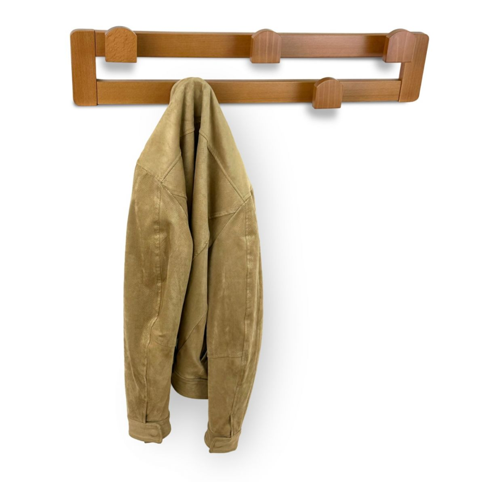 cuier pentru perete, arredamenti, daisy 2, 5 agatatoare, structura din lemn masiv de fag, design practic si elegant, compact, ideal depozitare geci, paltoane, genti, montare facila, made in italy, lemn cires, o geaca agatata