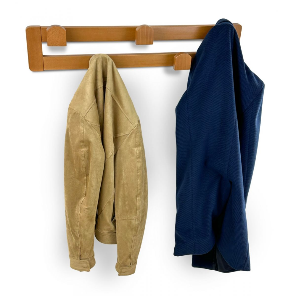 cuier pentru perete, arredamenti, daisy 2, 5 agatatoare, structura din lemn masiv de fag, design practic si elegant, compact, ideal depozitare geci, paltoane, genti, montare facila, made in italy, lemn cires, 2 geci agatate