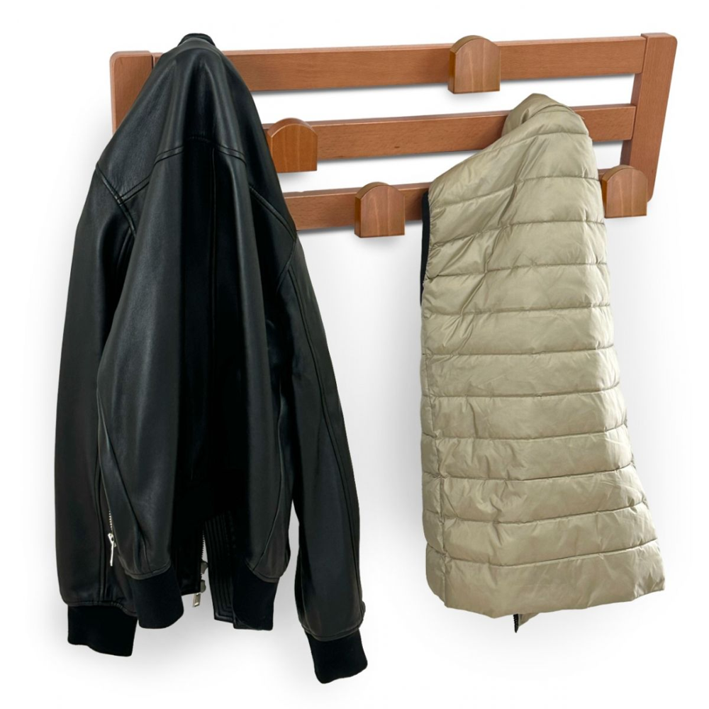 cuier pentru perete, arredamenti, daisy 3, 6 agatatoare, structura din lemn masiv de fag, design practic si elegant, compact, ideal depozitare geci, paltoane, genti, montare facila, made in italy, lemn cires, 2 geci agatate