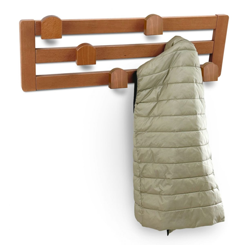 cuier pentru perete, arredamenti, daisy 3, 6 agatatoare, structura din lemn masiv de fag, design practic si elegant, compact, ideal depozitare geci, paltoane, genti, montare facila, made in italy, lemn cires, o geaca agatata