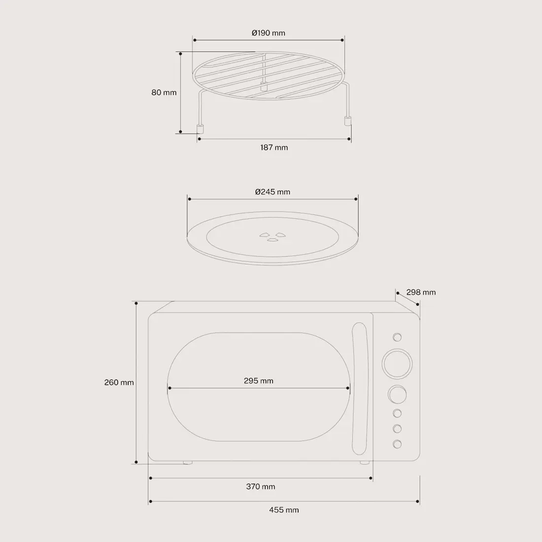dimensiuni cuptor cu microunde retro de la create, si dimensiuni platou rotativ si suport grill