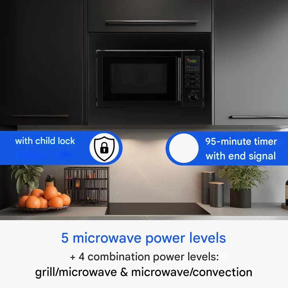 cuptor cu microunde, incorporabil, 3 in 1, grill, inductie, child lock, negru mat