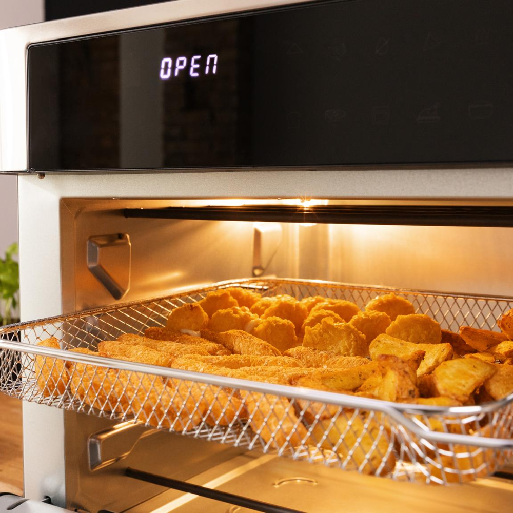 cuptor electric cu convectie, cecotec, cu capacitate de 30 litri si 9 programe prestabilite, cu cos de prajire fara ulei, inox