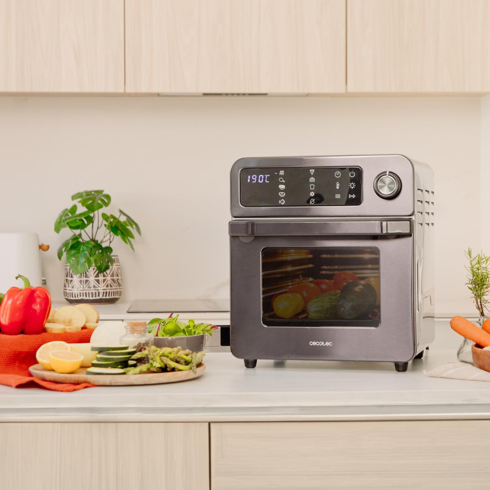 cuptor electric cu convectie, cecotec, bake and fry, cu capacitate de 15 litri si 10 programe prestabilite, in bucatarie, pe blat