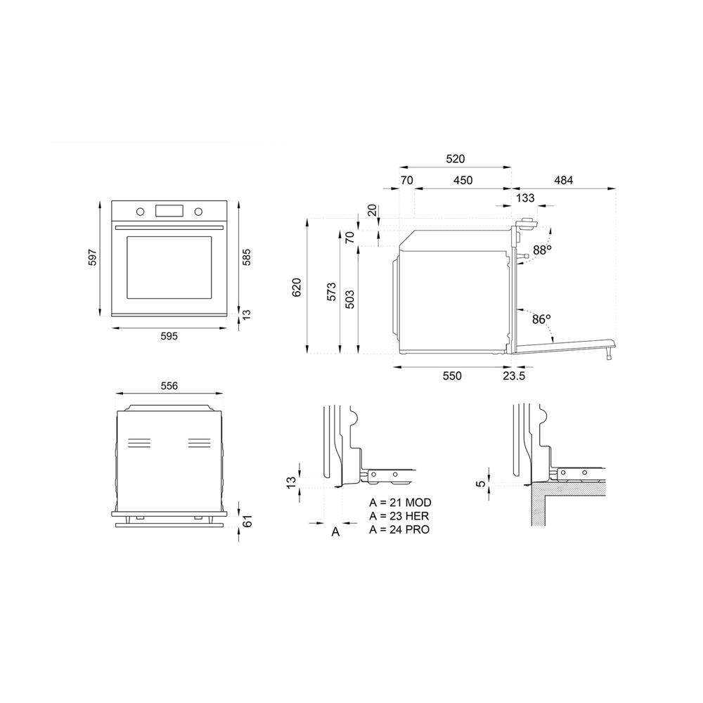 dimensiuni incorporare cuptor electric incorporabil cu convectie si aburi, bertazzoni, total steam tft, colectie modern