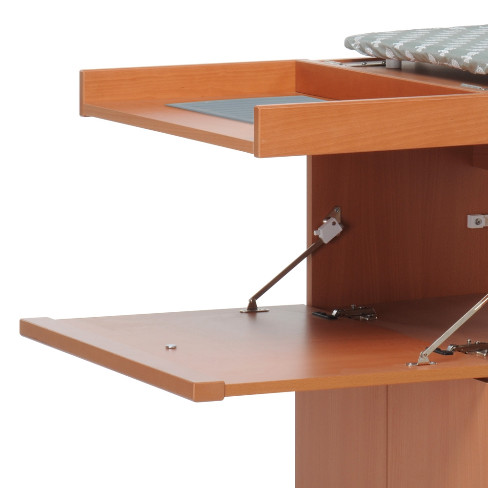 dulap cu masa de calcat foppapedretti, lostiro, 149x55 cm, pliabil, structura din lemn masiv de fag, rafturi pentru depozitare haine, material bumbac termorezistent, lemn cires, expunere rafturi