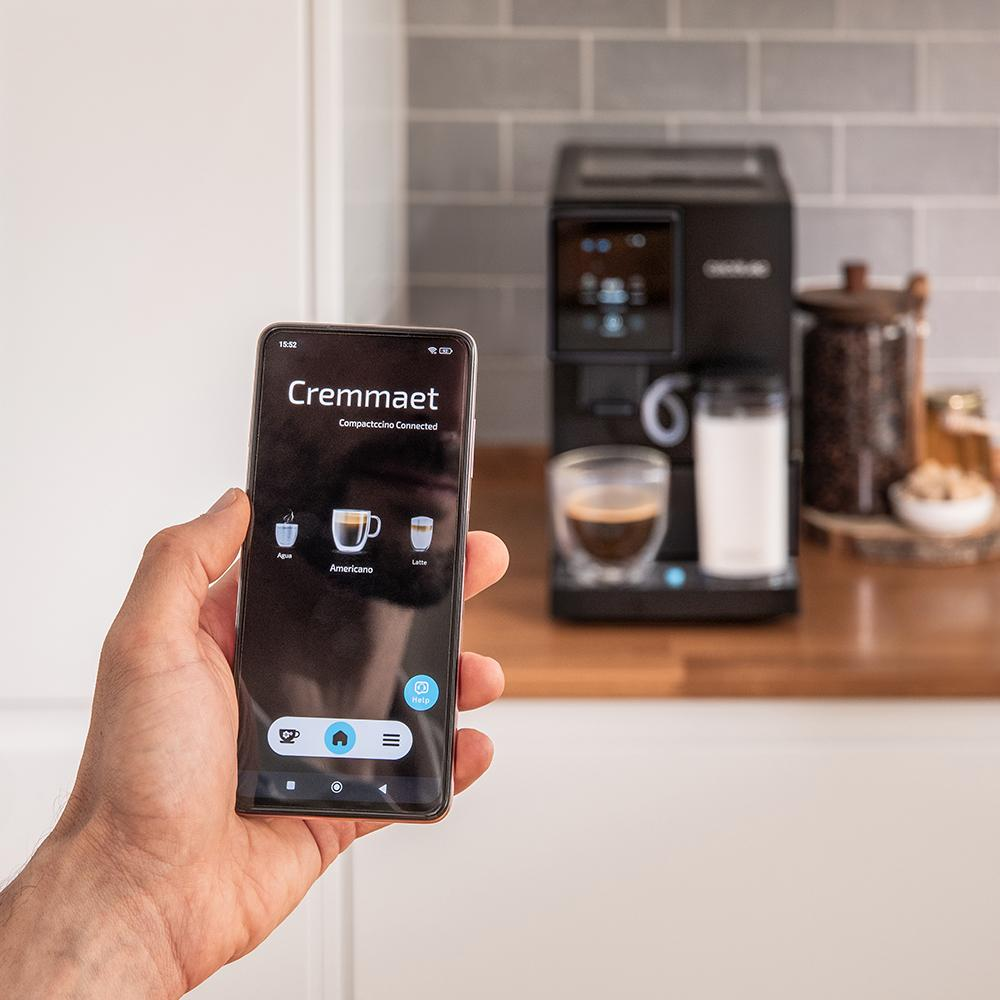 espressor automat cu rasnita cecotec, cremmaet compactccino, 19 bari, WiFi integrat, pana la 30 tipuri de cafea, rezervor boabe cafea 150 g, rezervor lapte 400 ml, display LCD, sistem thermoblock, sistem autocuratare, incalzire rapida, negru, prezentare aplicatie