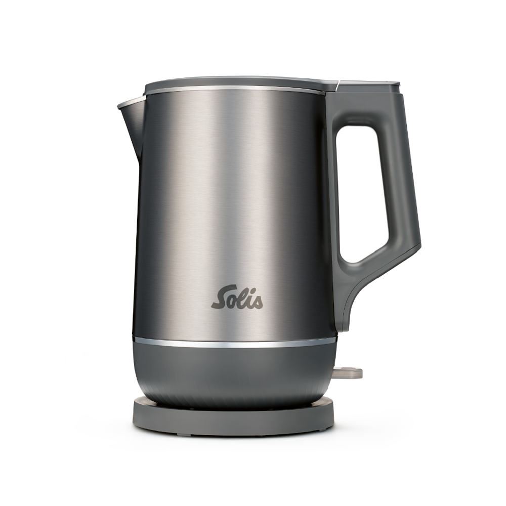 fierbator apa solis, eco boil kettle, capacitate 1.7 litri, izolare termica pereti, sistem incalzire 3d, fara bpa, maner ergonomic, baza 360 grade, usor de curatat, zgomot redus, compact, 1800 W, gri