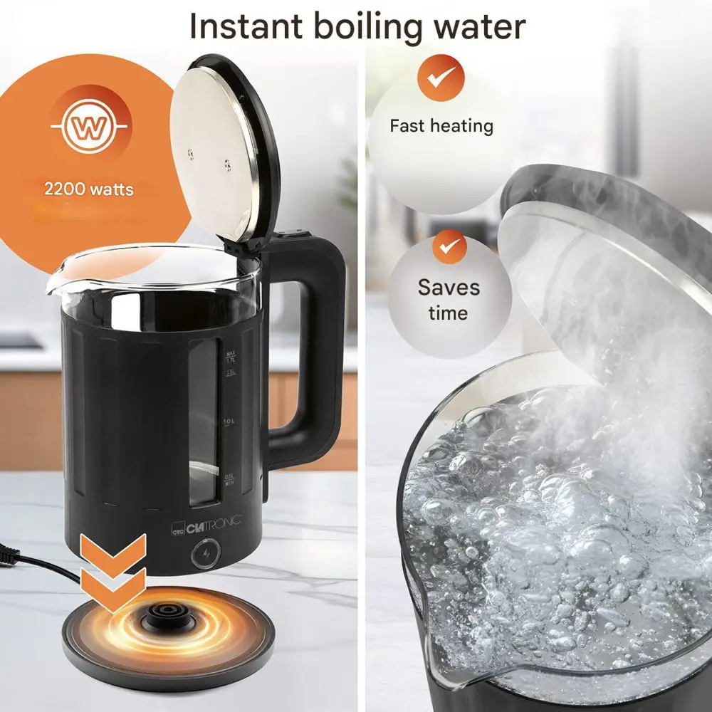 Fierbator de apa Clatronic, Glass Kettle, 1.7 litri, sticla termorezistenta, baza statie rotativa