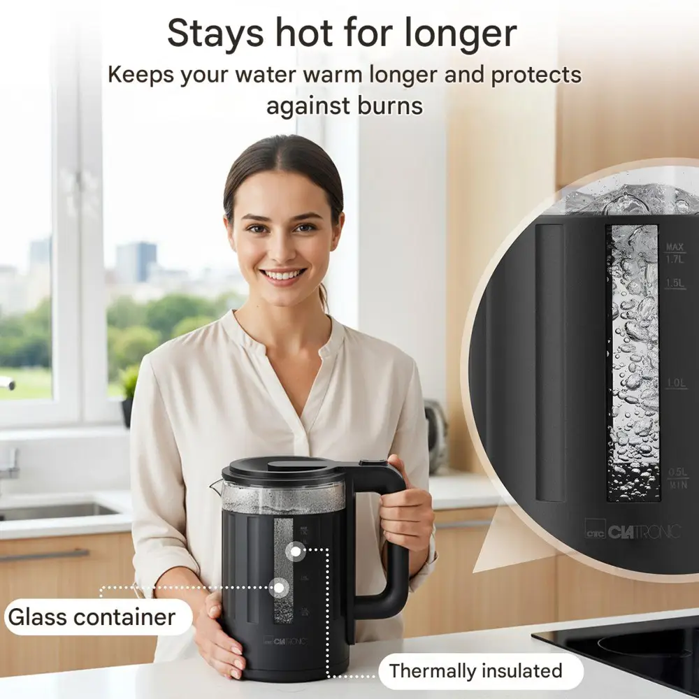 Fierbator de apa Clatronic, Glass Kettle, 1.7 litri, sticla termorezistenta, baza statie rotativa