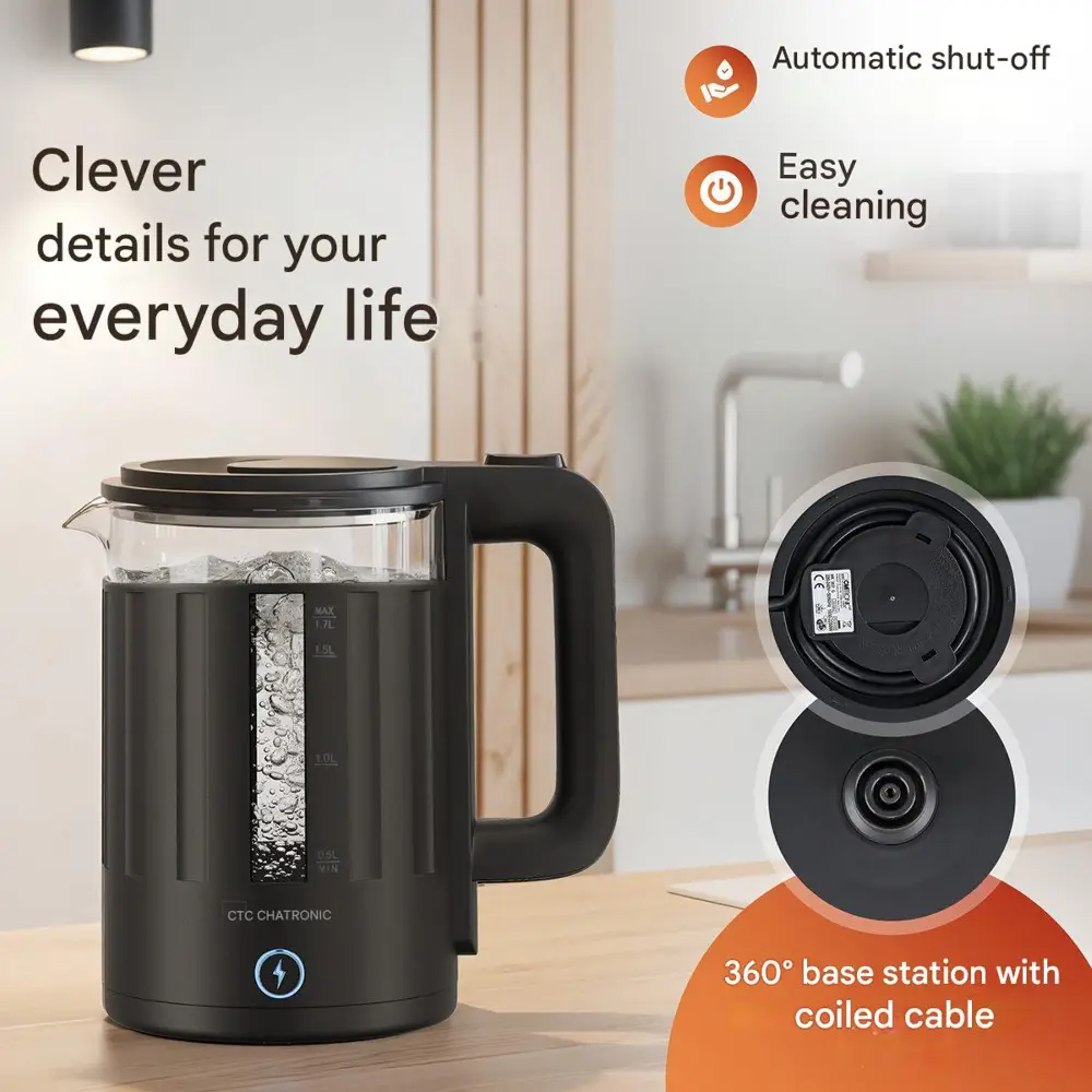 Fierbator de apa Clatronic, Glass Kettle, 1.7 litri, sticla termorezistenta, baza statie rotativa