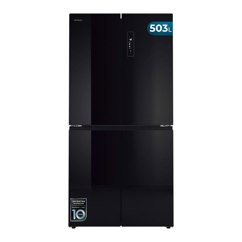 frigider side by side cu 4 usi, cecotec, cu capacitate de 503 litri, no frost, finisaj de sticla, negru