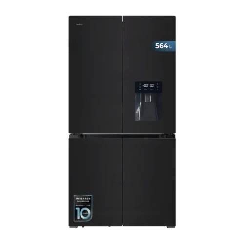 frigider side by side cu 4 usi, cu capacitate de 564 litri, finisaj frontal de sticla, negru