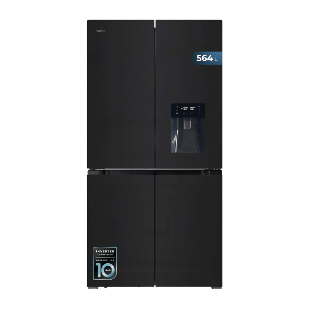 frigider side by side cu 4 usi, cu capacitate de 564 litri, finisaj frontal de sticla, negru