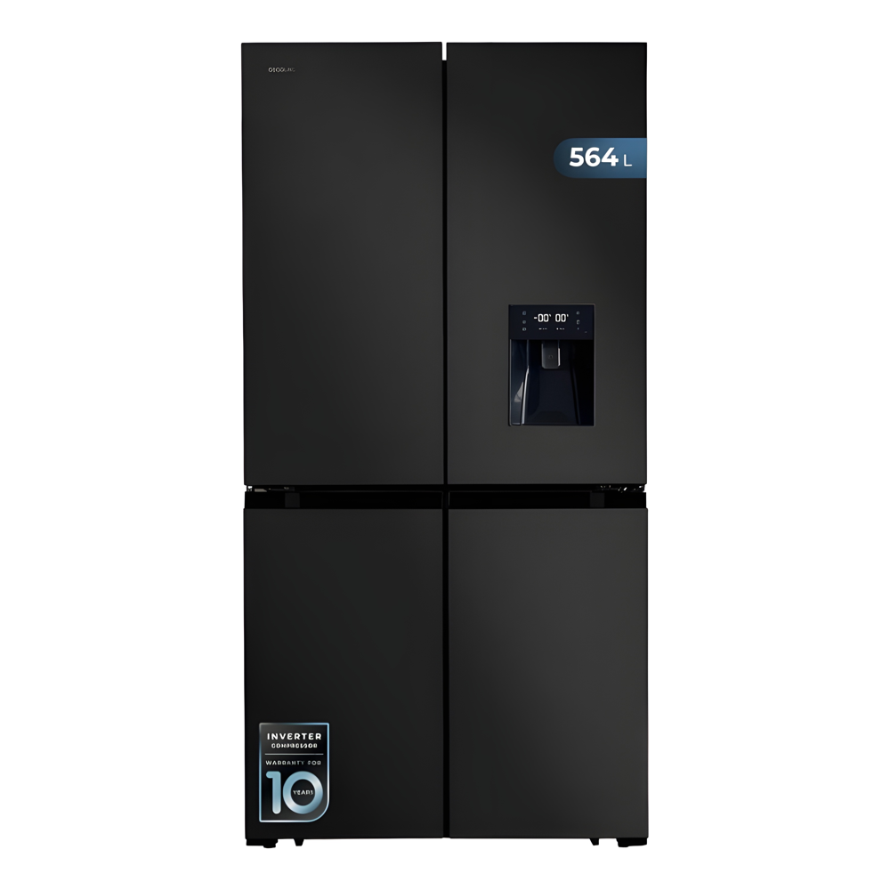frigider side by side cu 4 usi, cecotec, cu capacitate de 564 litri si dispenser de apa, negru