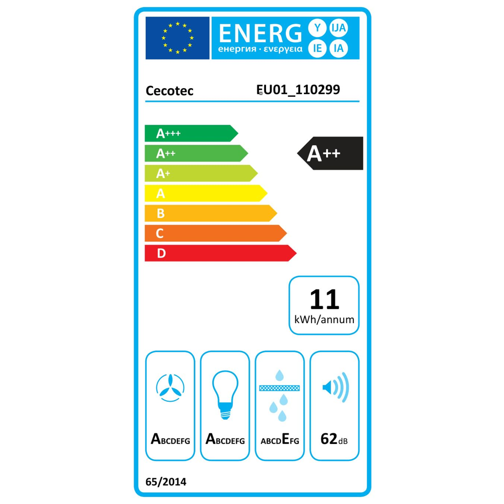 eticheta energetica hota de perete, cecotec, cu latime 60 cm si debit maxim 413.3 m³/h, clasa A++, negru