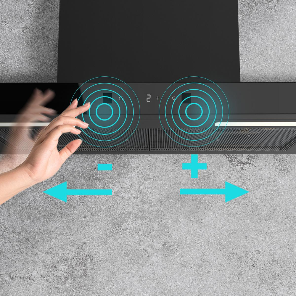 hota de perete, cecotec, cu latime 60 cm si debit maxim 413.3 m³/h, clasa A++, cu panou de control tactil/prin gesturi, negru
