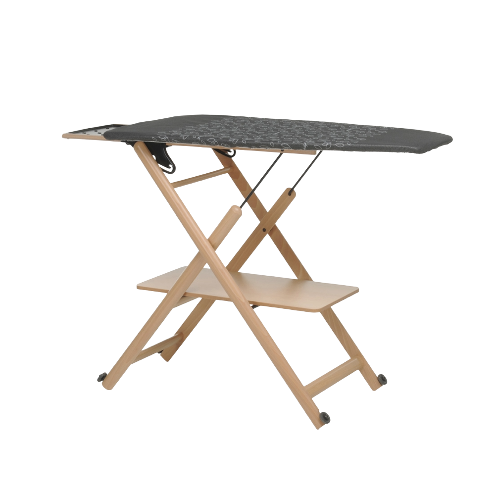 masa de calcat cu fart foppapedretti, assai 4.0, 123x50 cm, inaltime ajustabila, pliabila, structura din lemn masiv de fag, raft pentru haine, suport lateral pentru fier de calcat, material bumbat termorezistentm roti pentru transport facil, lemn natur