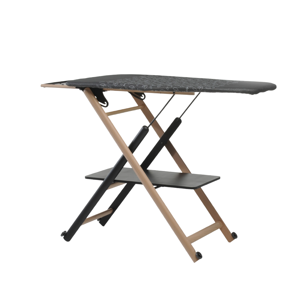 masa de calcat cu fart foppapedretti, assai 4.0, 123x50 cm, inaltime ajustabila, pliabila, structura din lemn masiv de fag, raft pentru haine, suport lateral pentru fier de calcat, material bumbat termorezistentm roti pentru transport facil, negru lemn