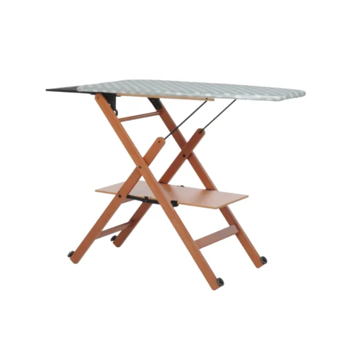 masa de calcat cu fart foppapedretti, assai, 123x50 cm, inaltime ajustabila, pliabila, structura din lemn masiv de fag, raft pentru haine, suport lateral pentru fier de calcat, material bumbat termorezistentm roti pentru transport facil, lemn cires